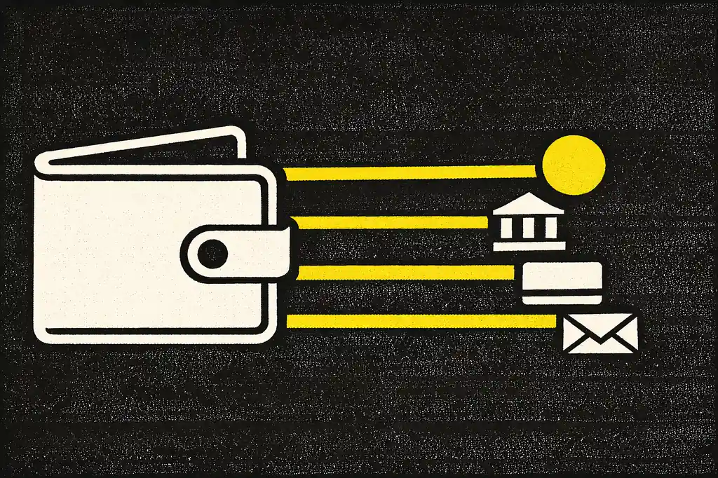 Représentation brutaliste sérigraphie des méthodes de paiement casino en ligne avec un portefeuille et quatre canaux de paiement
